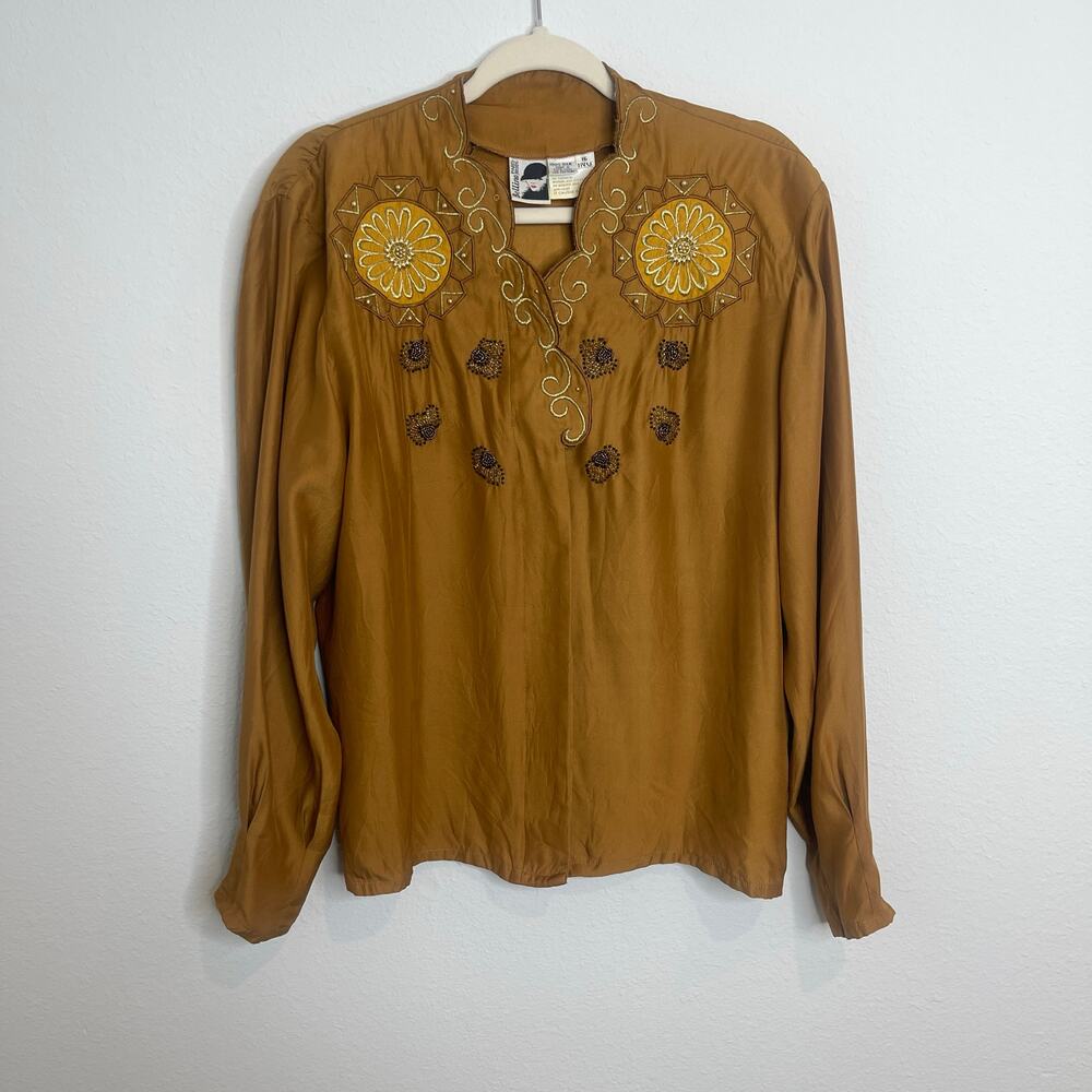 Vintage Bellino Paris 100% Silk Embroidered Blouse Beaded Boho Tunic Top Size 16